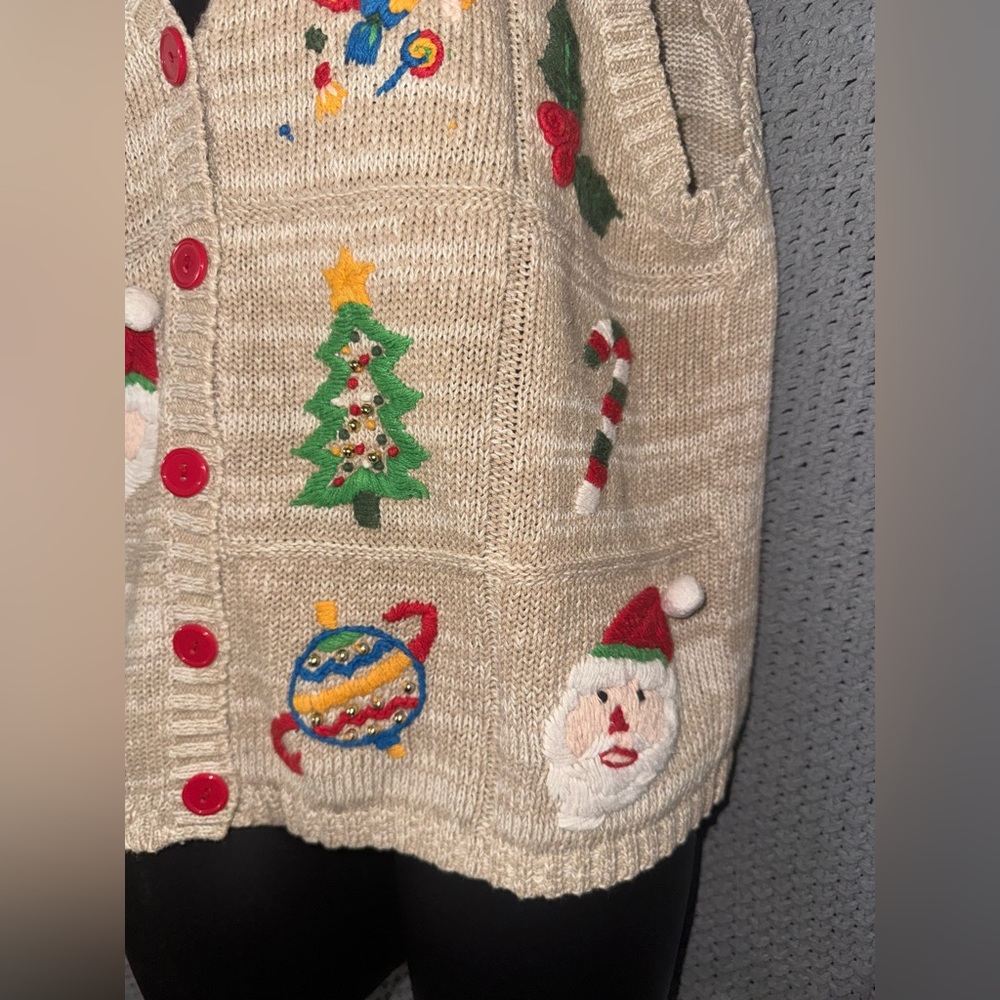 Vintage White Stag Large Festive Whimsical Christmas Sweater Vest Santa Tree - Picture 4 of 7
